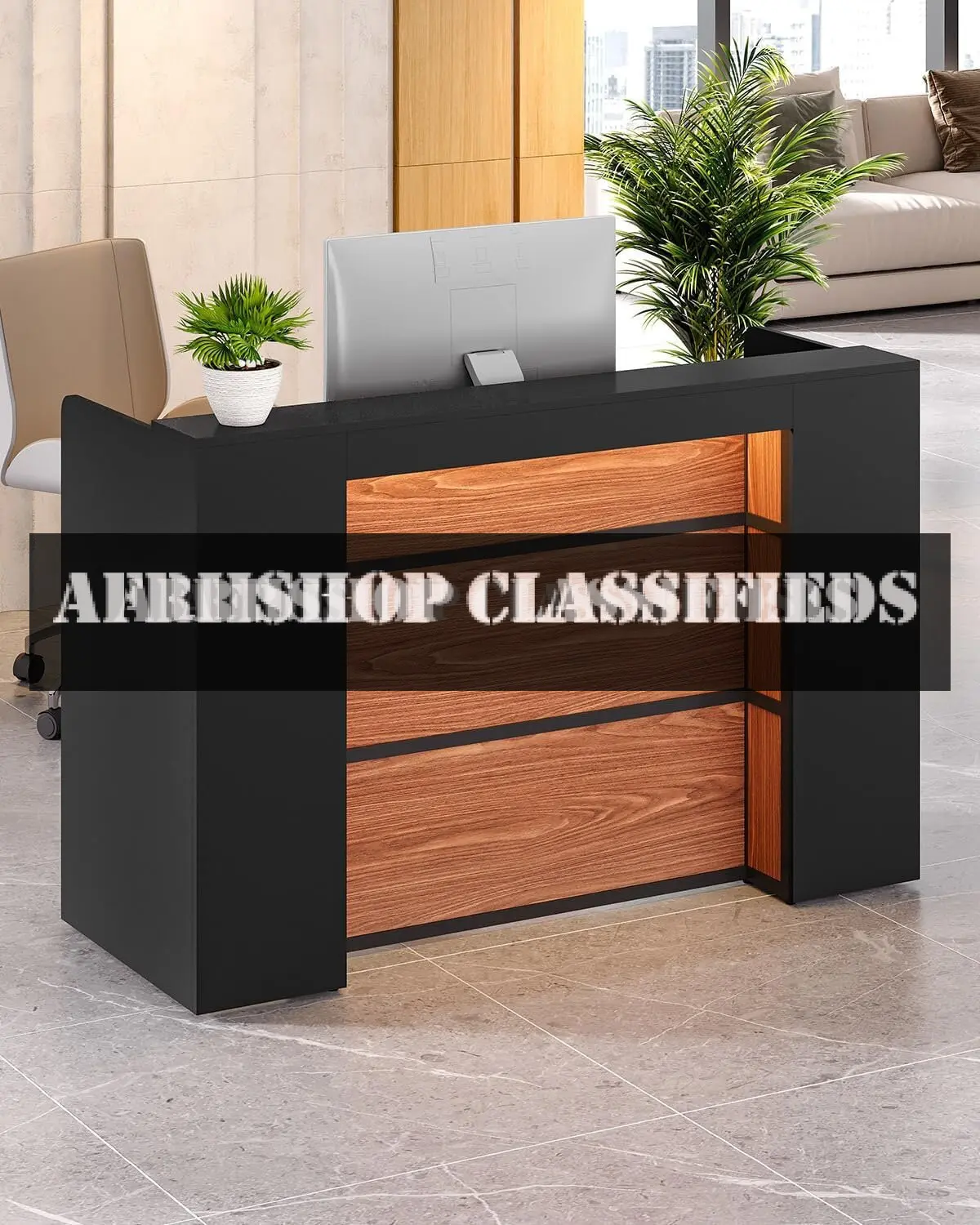 Reception Desk: LED Light, Wooden Counter for Lobbies & Retail