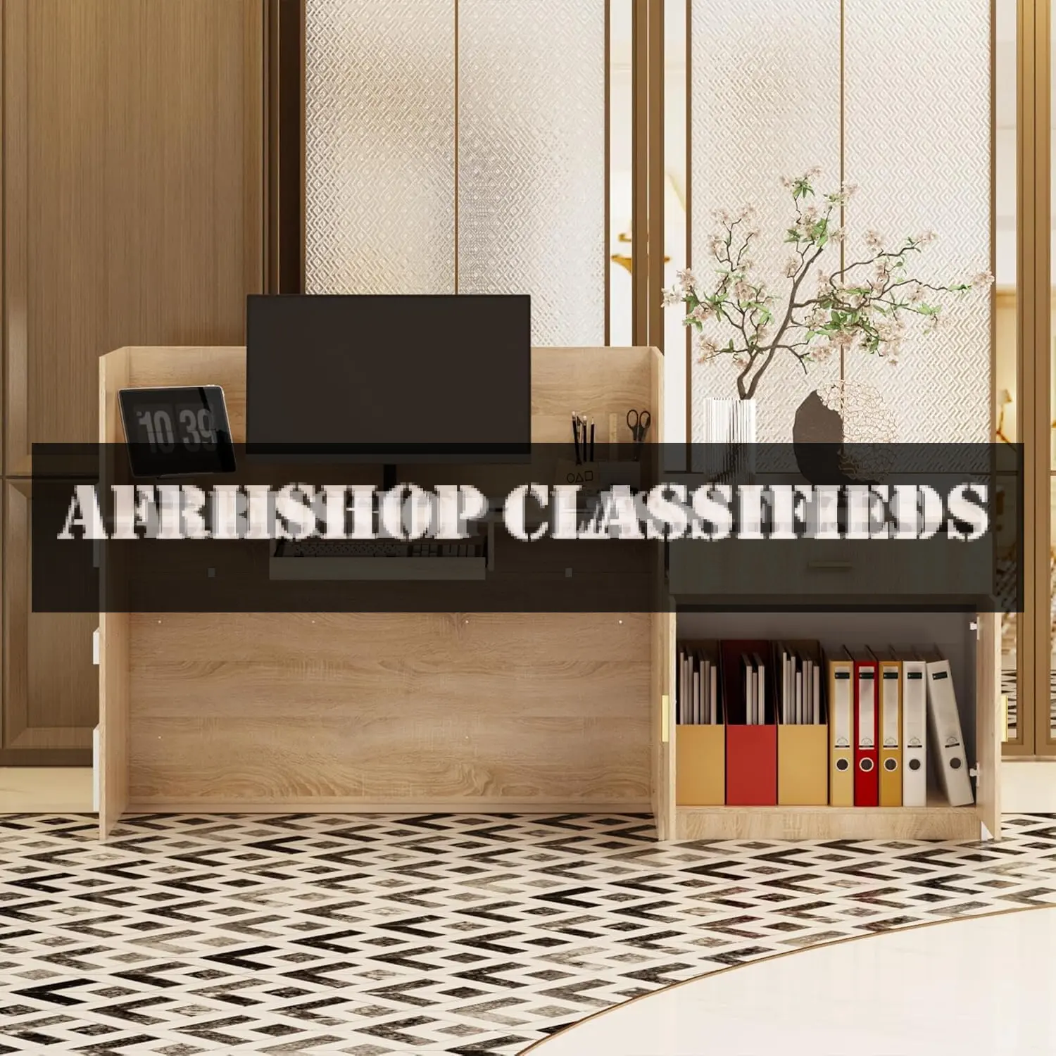 Reception Desk: Modern Design, Storage, 2 Doors, Oak Finish