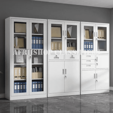 Office Cabinet : White 2-door half-glass metallic office cabinet.