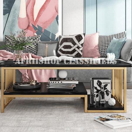 Coffee Table; Black Marble Coffee Table