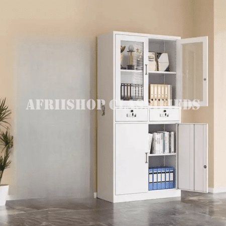 Office Cabinet : White 2-door half-glass metallic office cabinet.