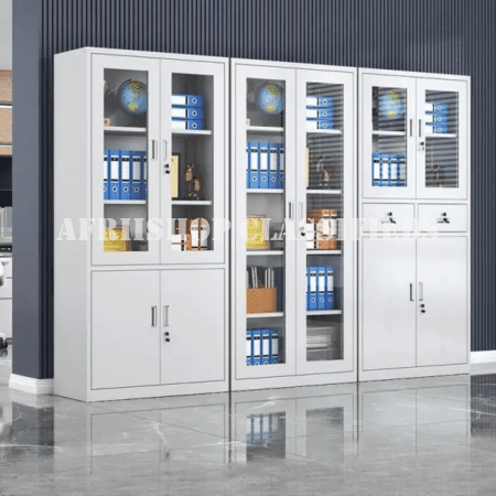 Office Cabinet : White 2-door half-glass metallic office cabinet.