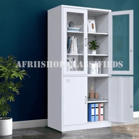 Office Cabinet : White 2-door half-glass metallic office cabinet.
