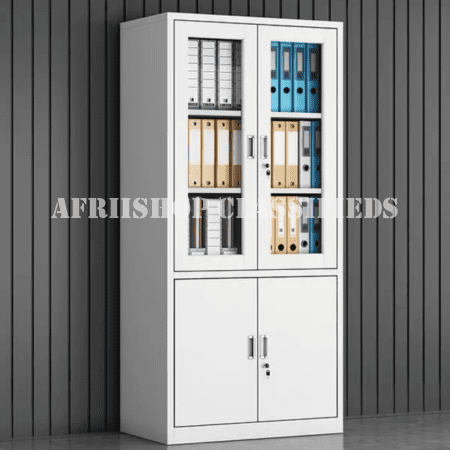 Office Cabinet : White 2-door half-glass metallic office cabinet.