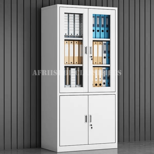 Office Cabinet : White 2-door half-glass metallic office cabinet.