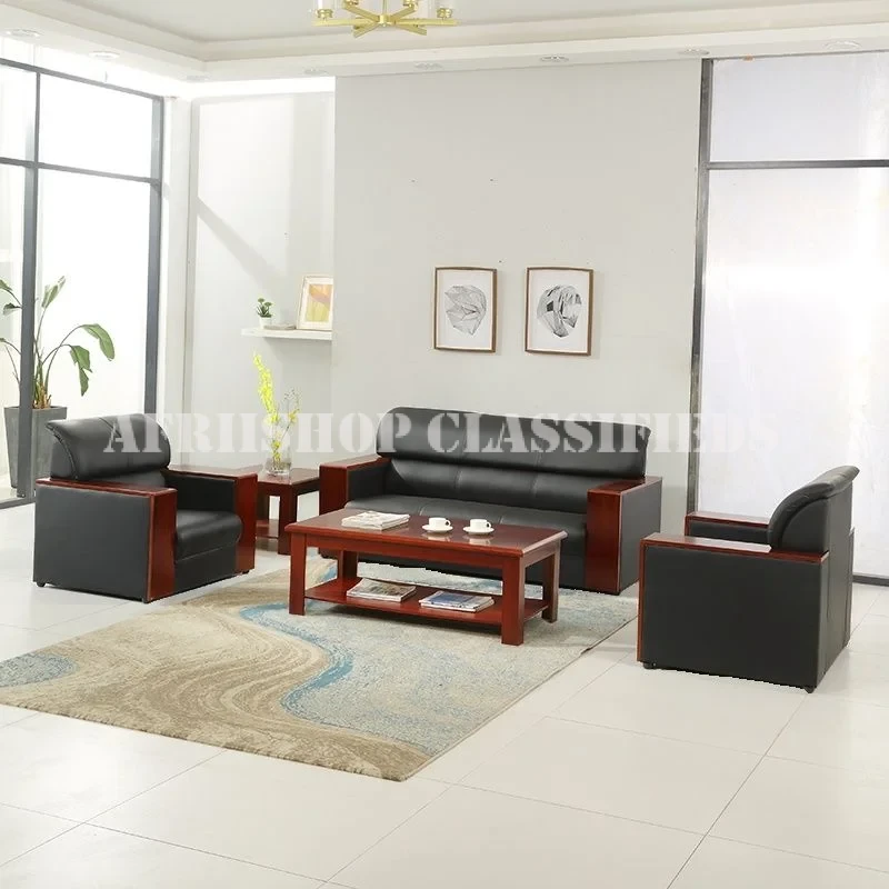 Sofas; 5-Seater Black Leather Office Sofa