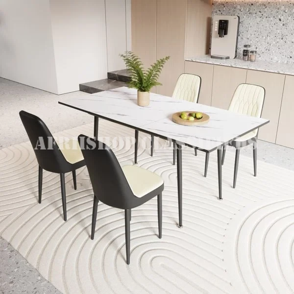 Home Dining Set; Modern Luxury Marble Dining Set for Four with Durable Metal Frame Base