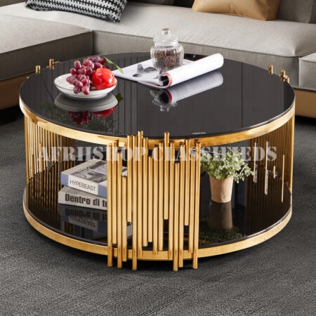 Home Table; Compact Black and Gold Round Glass Coffee Table