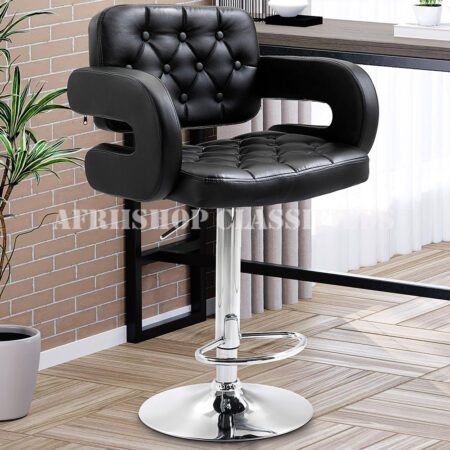 Barstool; Black leather adjustable barstool