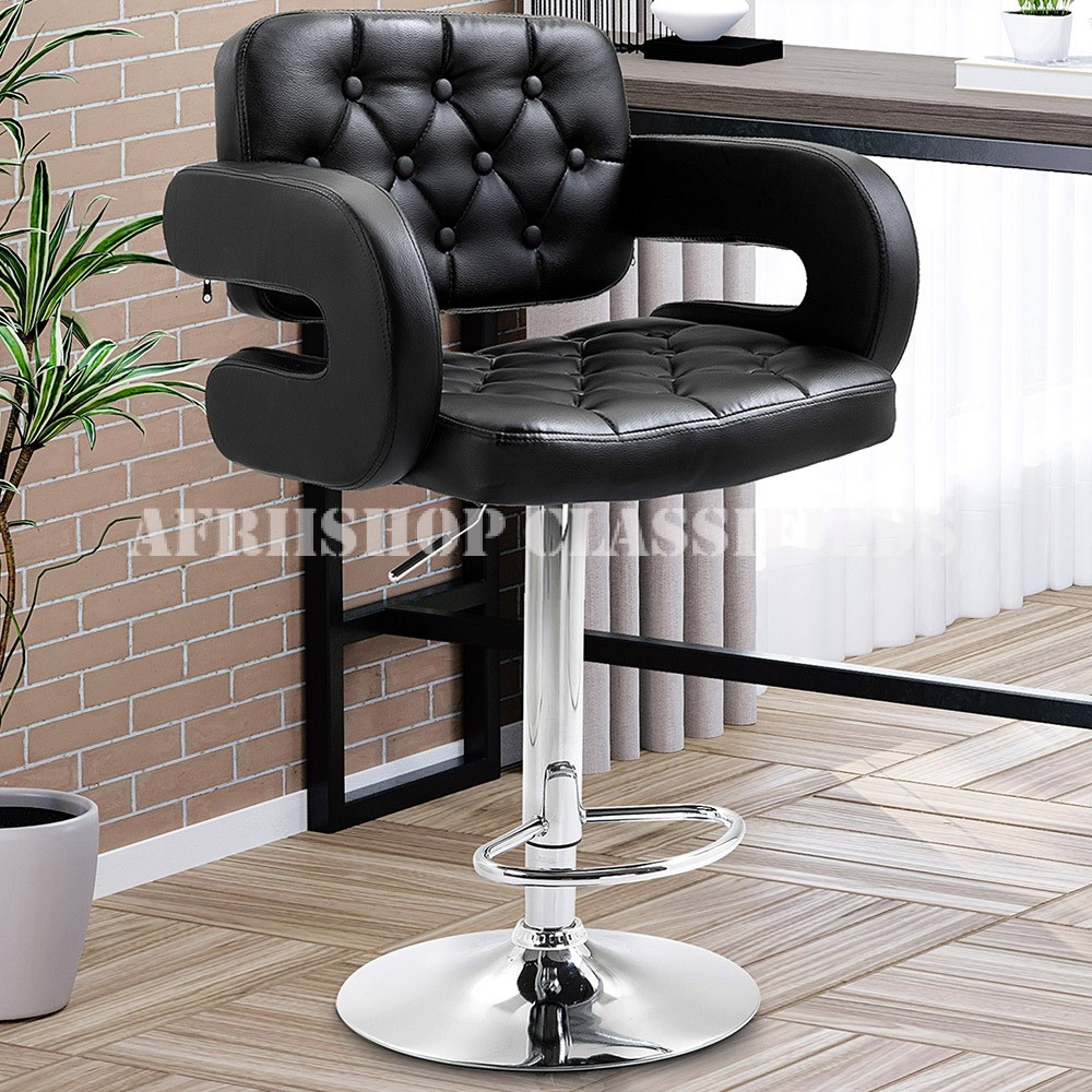 Barstool; Black leather adjustable barstool