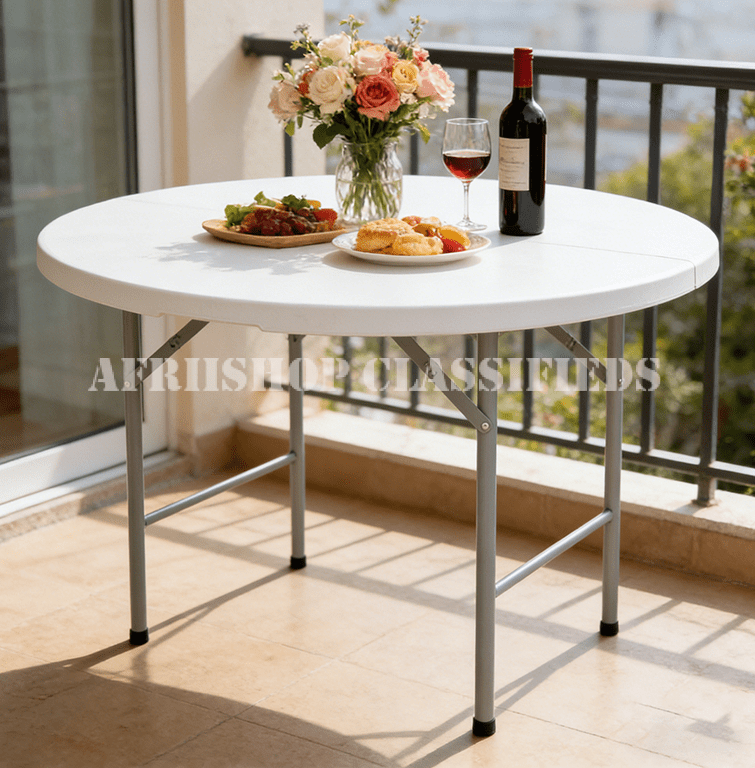 Outdoor Table; Compact Round White Folding Table for Small Spaces
