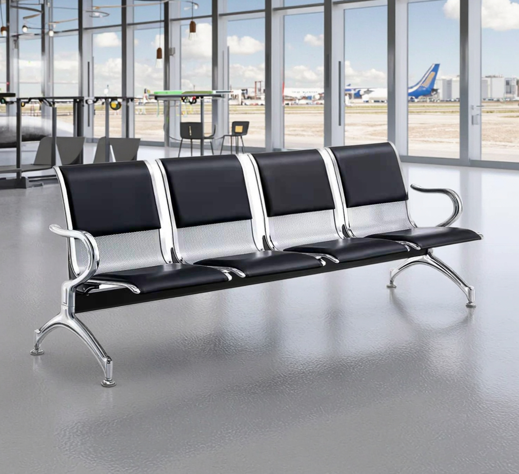 Office Bench; Metal Frame Leather 4 Seater Office Bench