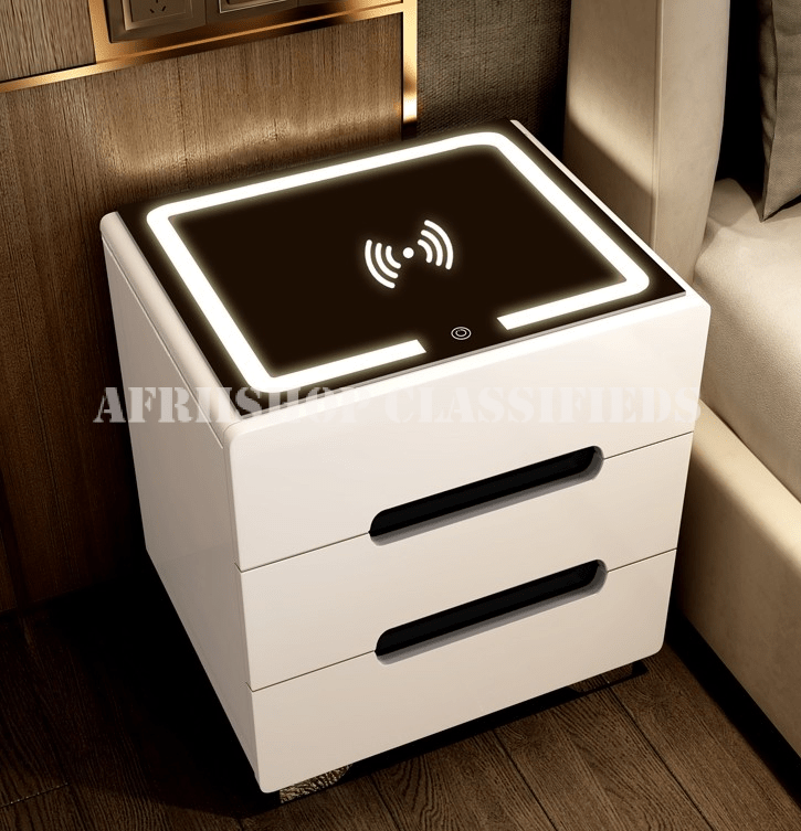 Bedside Cabinet; Modern White Bedside Cabinet with LED Light