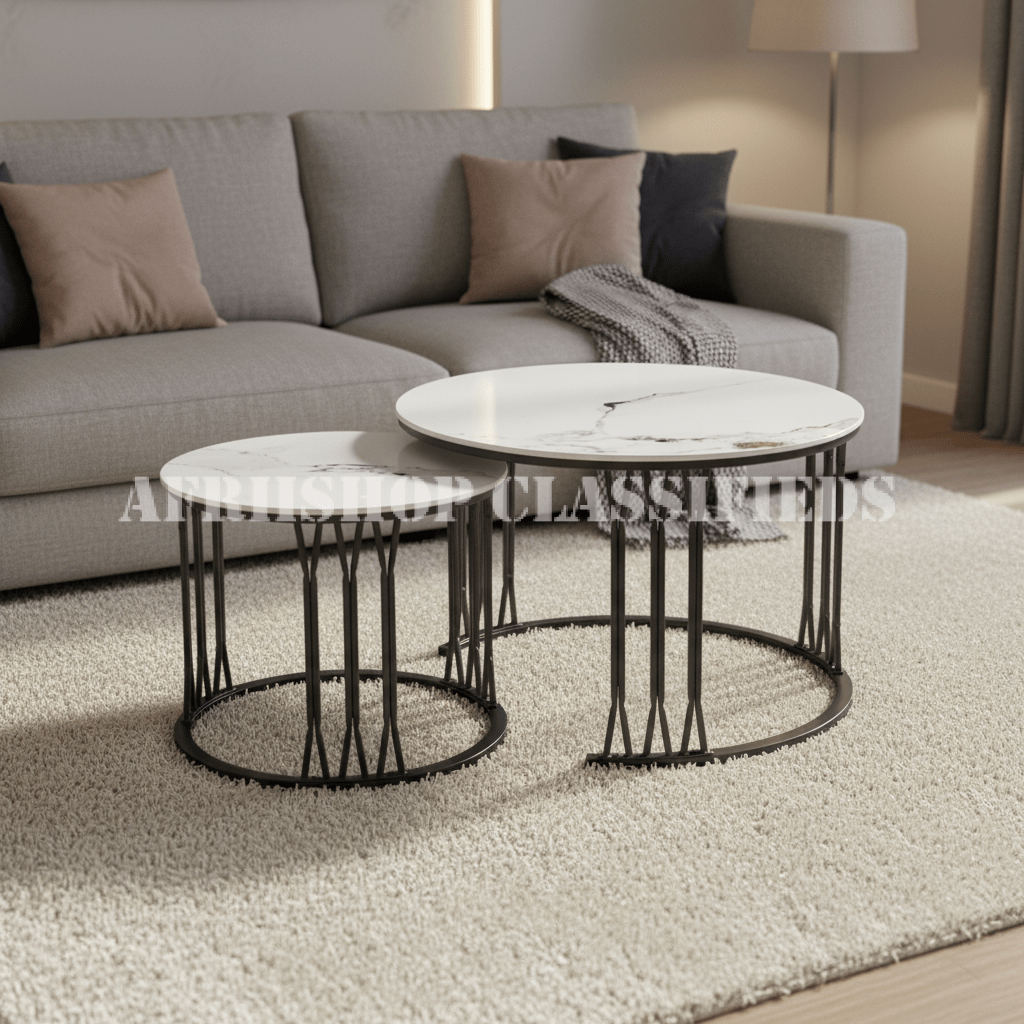 Coffee Table; Modern 2 Piece Round Coffee Table Set