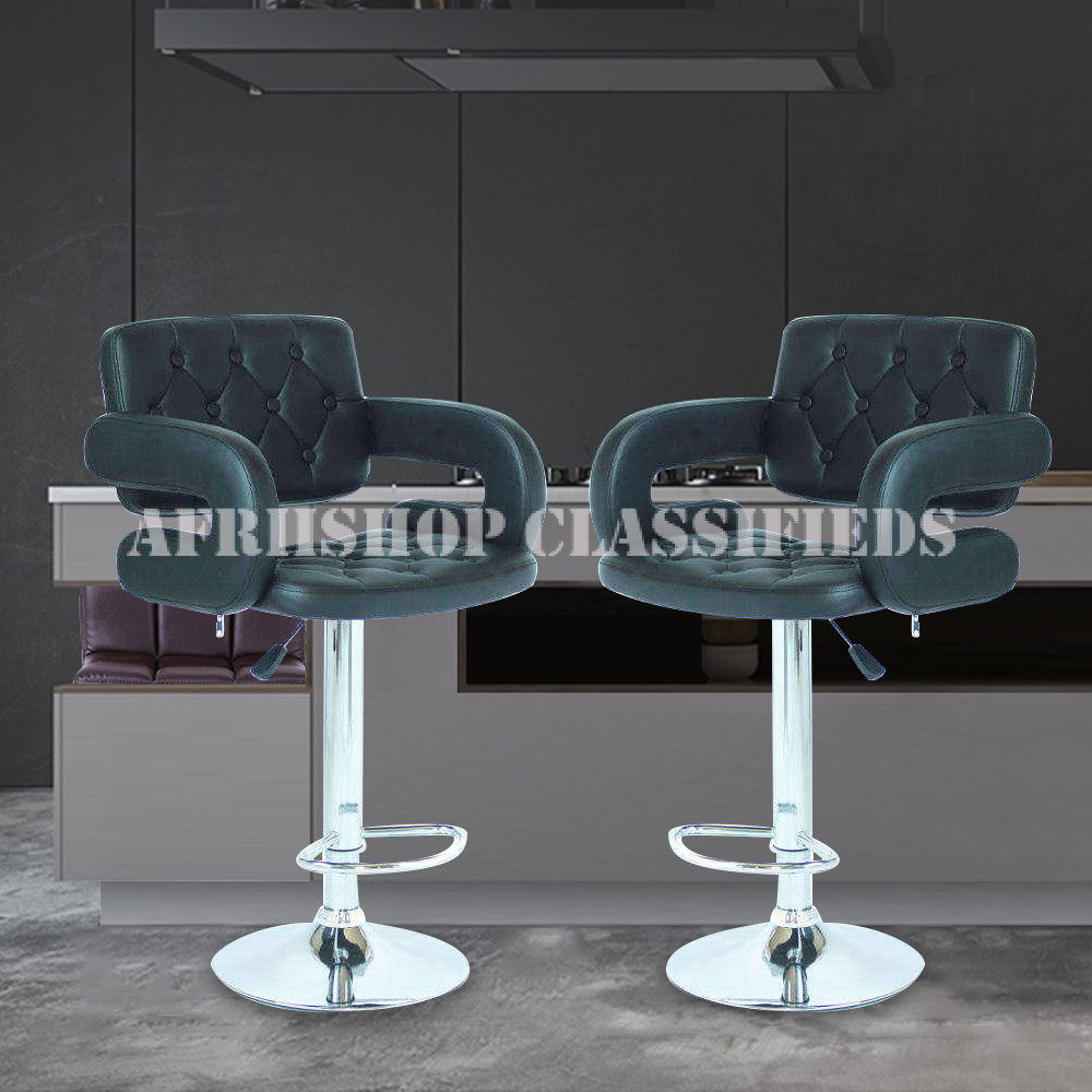 Barstool; Black leather adjustable barstool