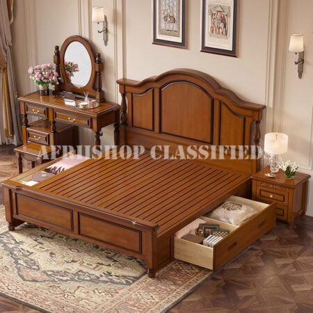 Home Bed; Mahogany King Size Storage Bed with Side Cabinets