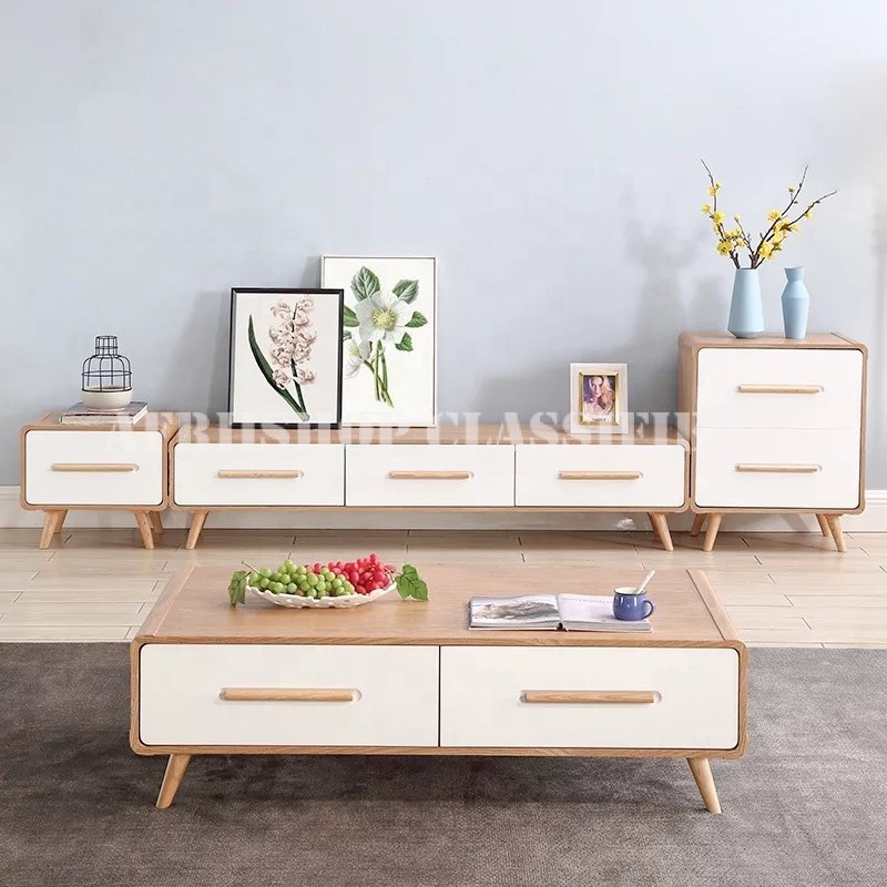 TV Stand and Table Set; Modern Simple White TV Cabinet and Coffee Table Set