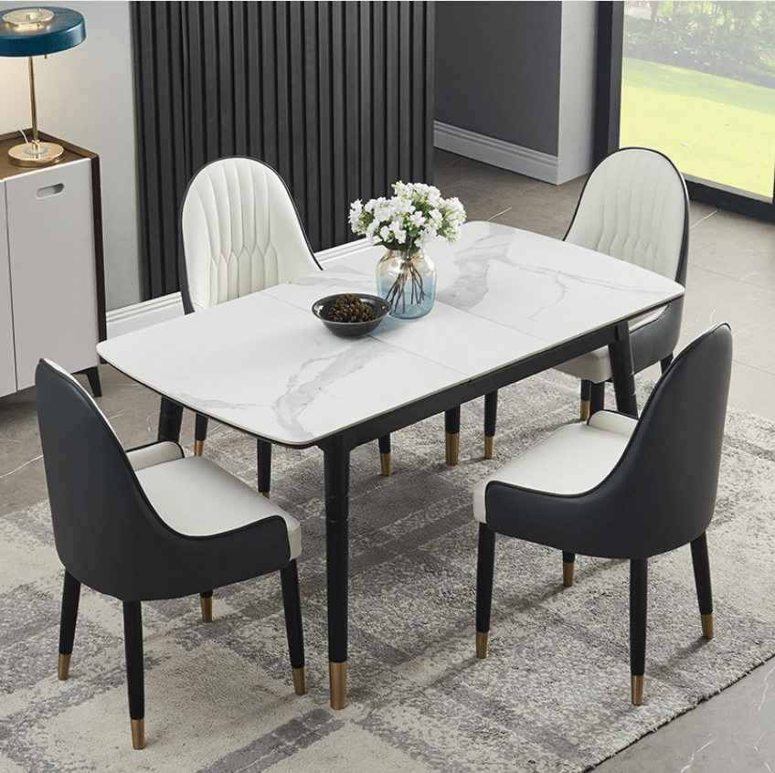 Dining Set; Elegant Marble Top 4-Seater Dining Table Set