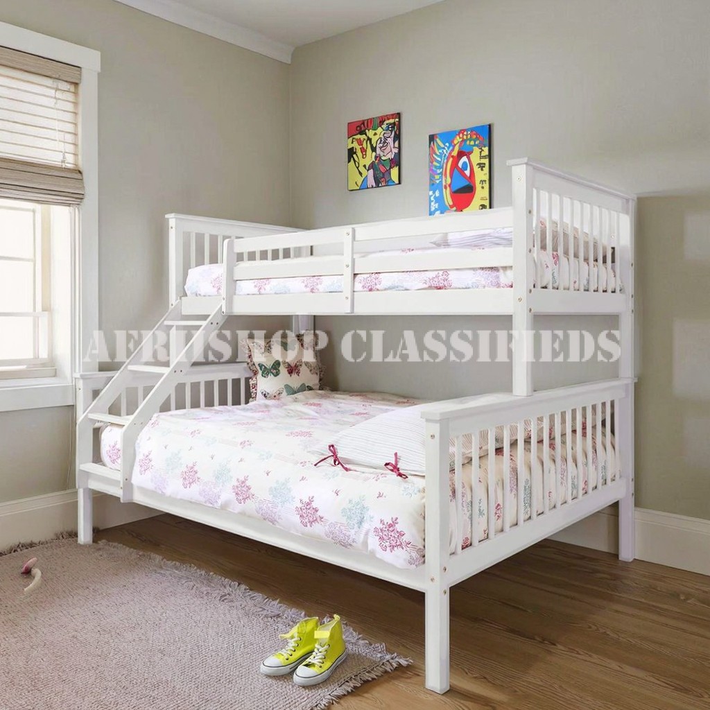 Bunk Bed; Premium White Wooden Kids Bunk Bed with Guard Rails