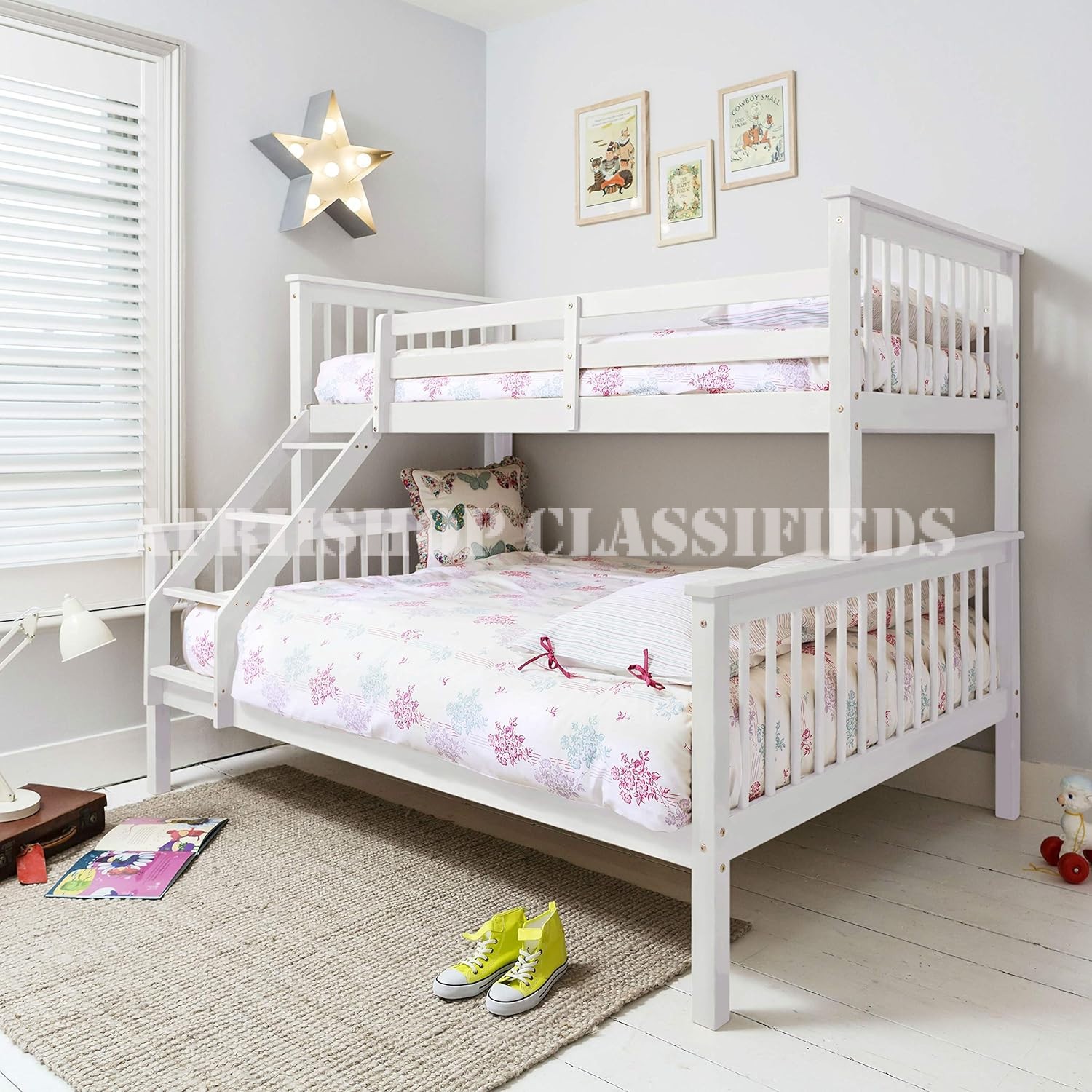 Bunk Bed; Premium White Wooden Kids Bunk Bed with Guard Rails
