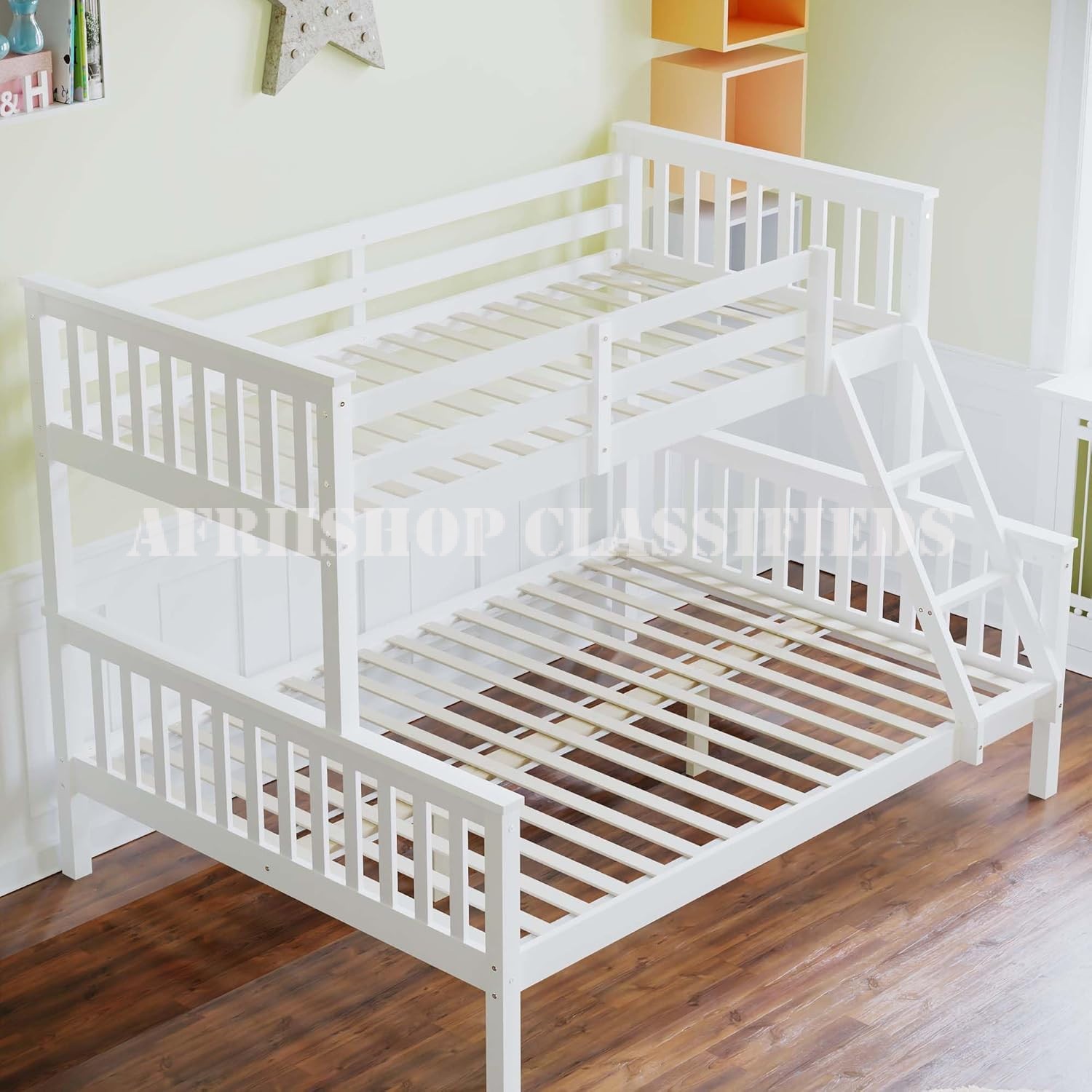 Bunk Bed; Premium White Wooden Kids Bunk Bed with Guard Rails