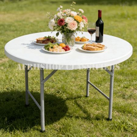 Outdoor Table; Compact Round White Folding Table for Small Spaces