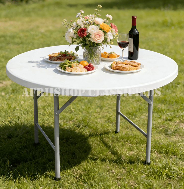 Outdoor Table; Compact Round White Folding Table for Small Spaces