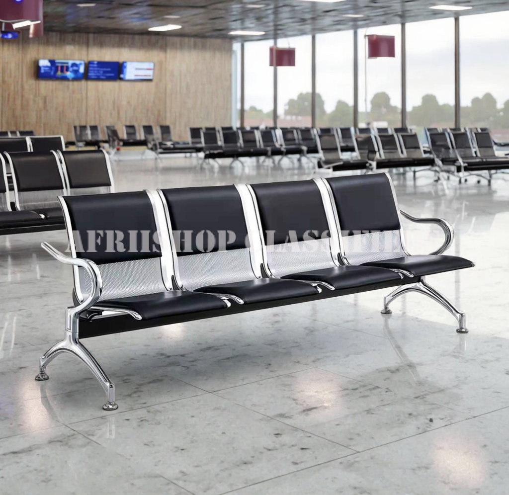 Office Bench; Metal Frame Leather 4 Seater Office Bench