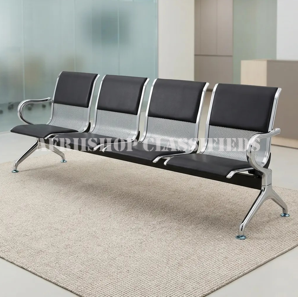 Office Bench; Metal Frame Leather 4 Seater Office Bench