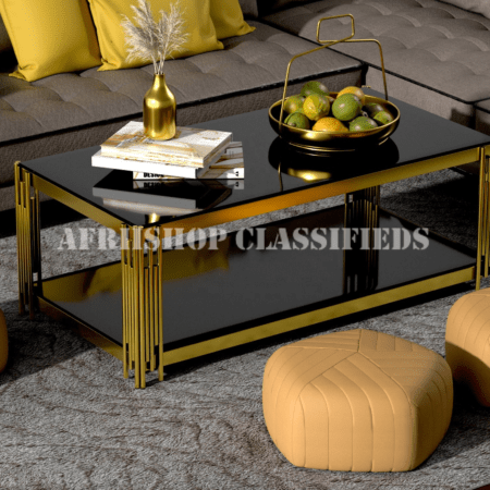 Center Table; Premium Black Glass Top Center Table with Gold Legs