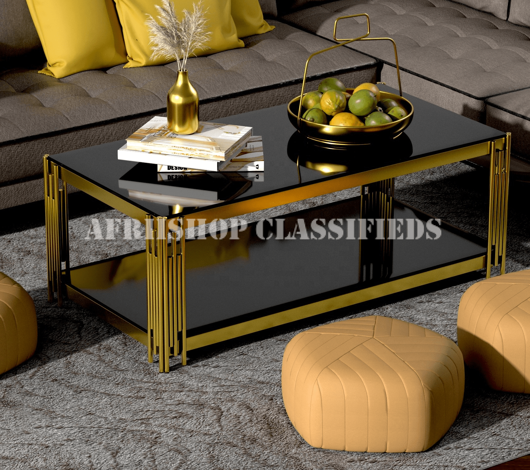 Center Table; Premium Black Glass Top Center Table with Gold Legs