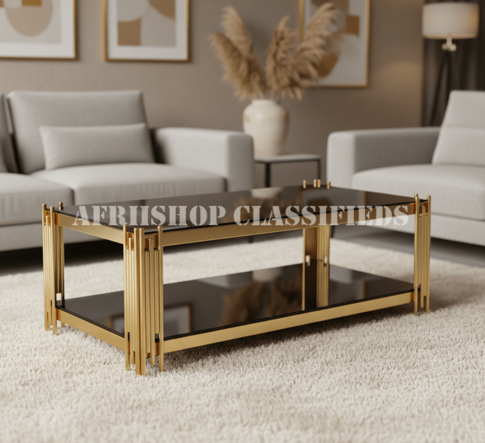 Center Table; Premium Black Glass Top Center Table with Gold Legs