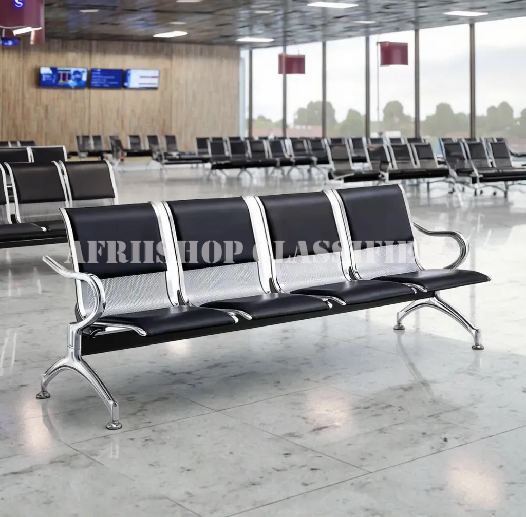 Office Bench; Metal Frame Leather 4 Seater Office Bench