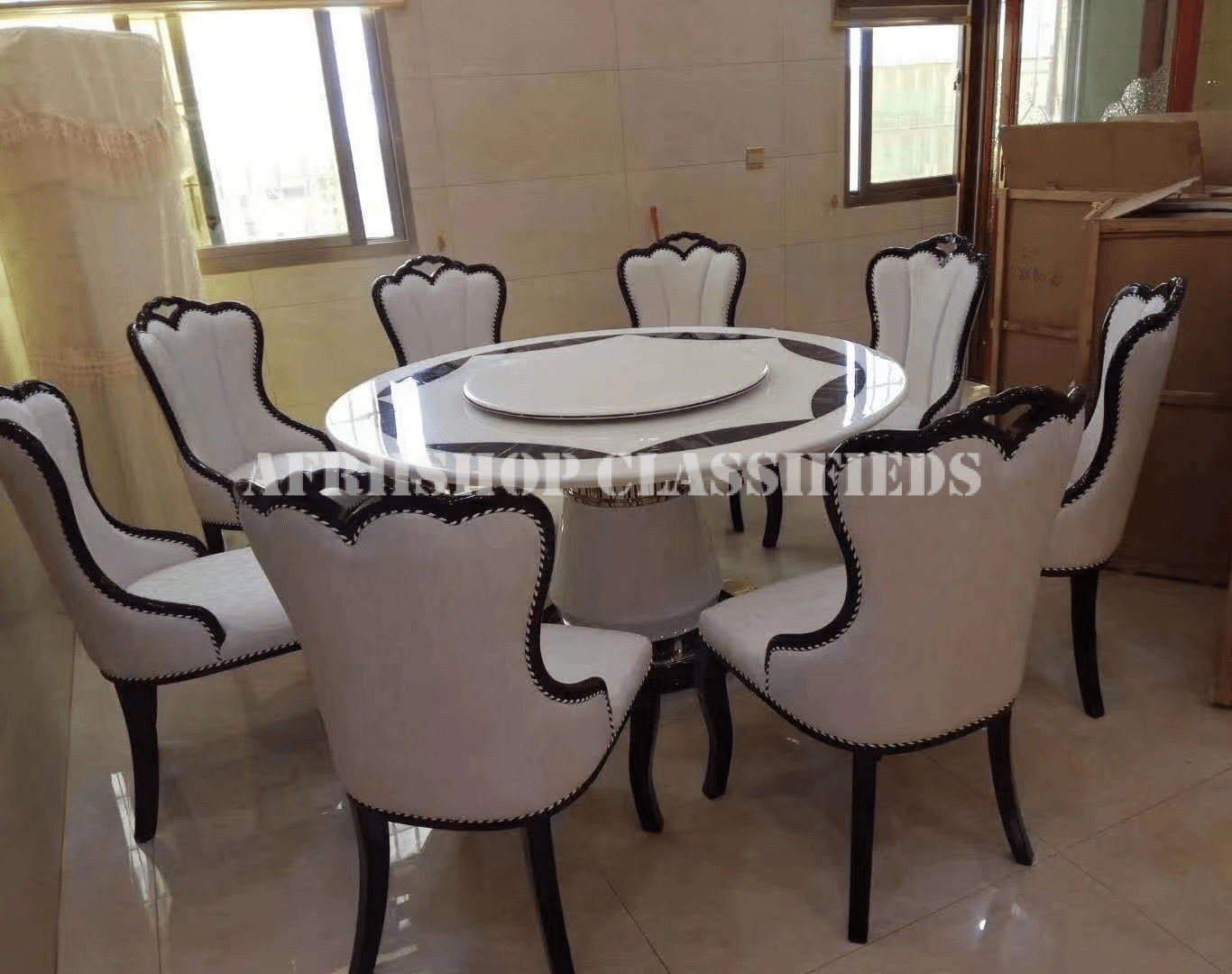 Dining Set; 6-Seater Marble Turntable Dining Set