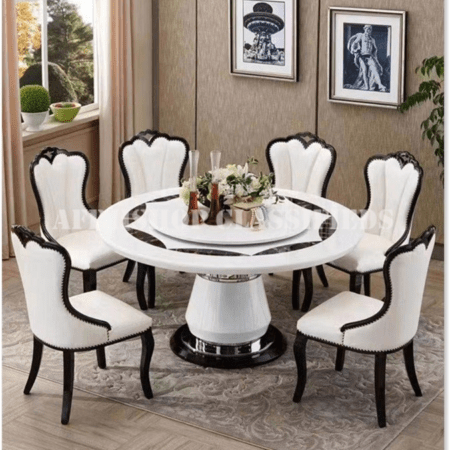 Dining Set; 6-Seater Marble Turntable Dining Set