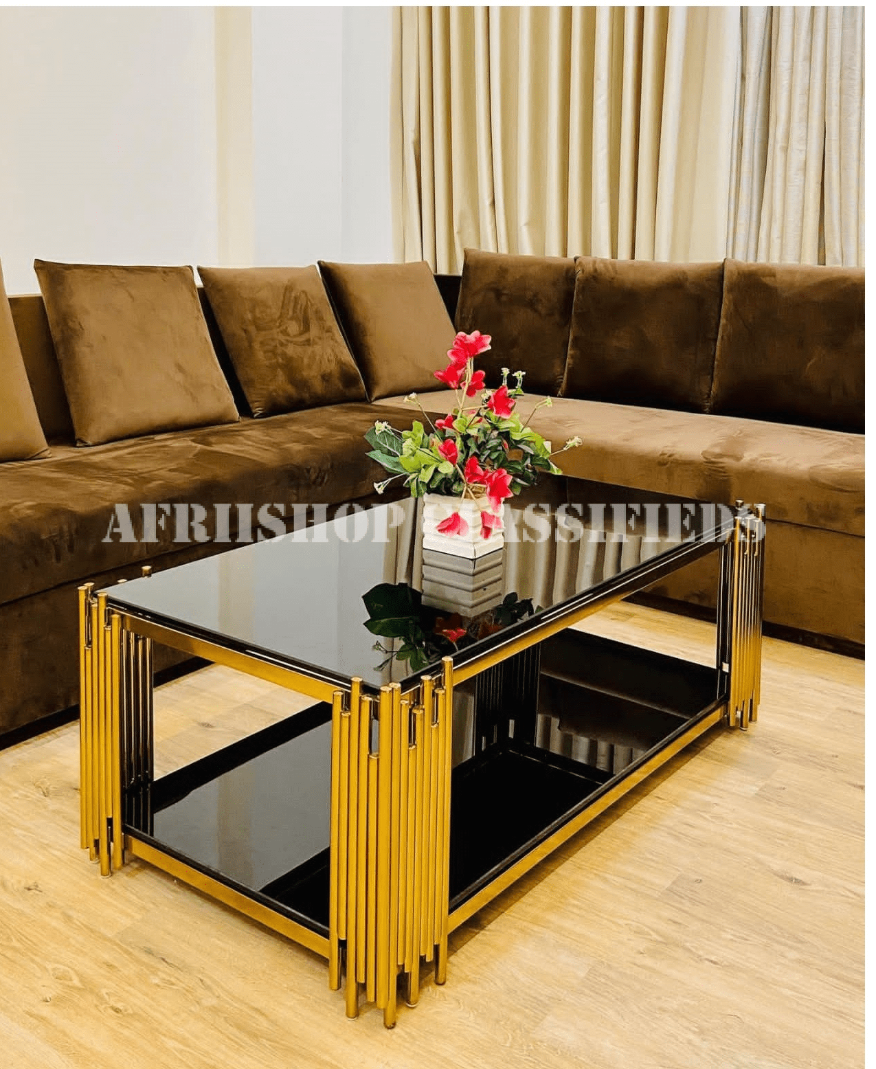 Center Table; Premium Black Glass Top Center Table with Gold Legs