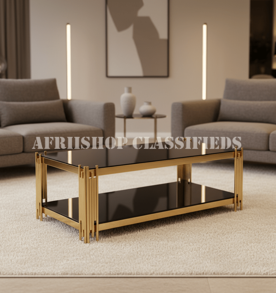 Center Table; Premium Black Glass Top Center Table with Gold Legs
