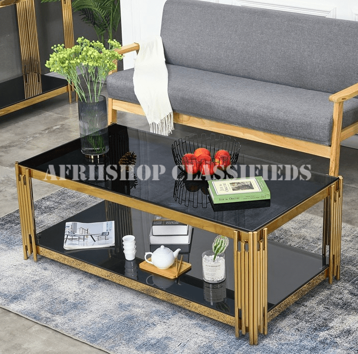 Center Table; Premium Black Glass Top Center Table with Gold Legs