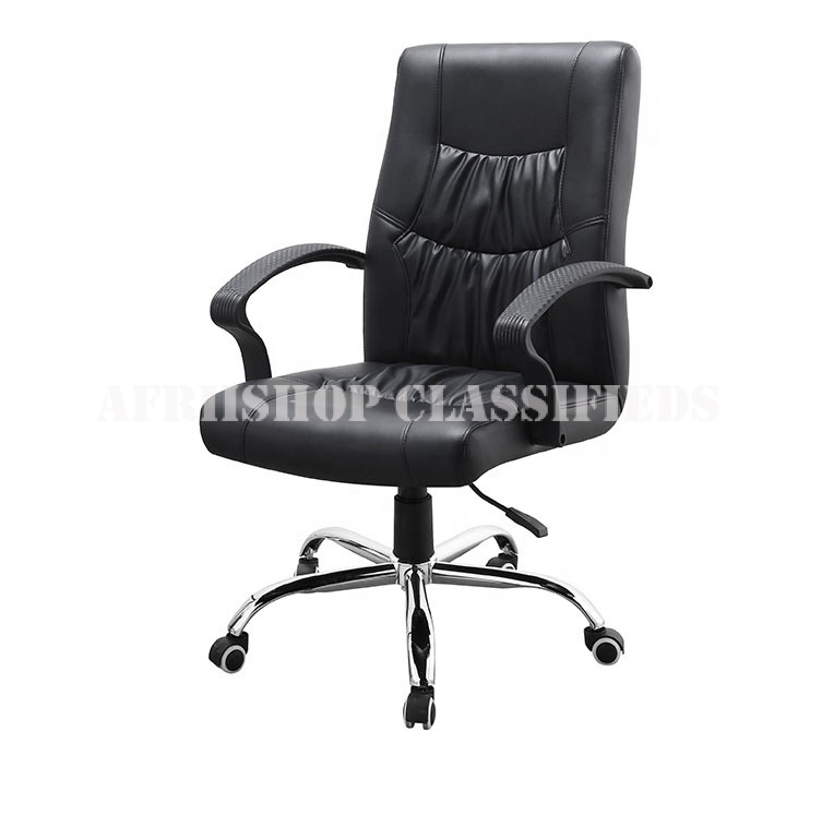 Office Chair; Black Leather Swivel Mid Back Office Chair