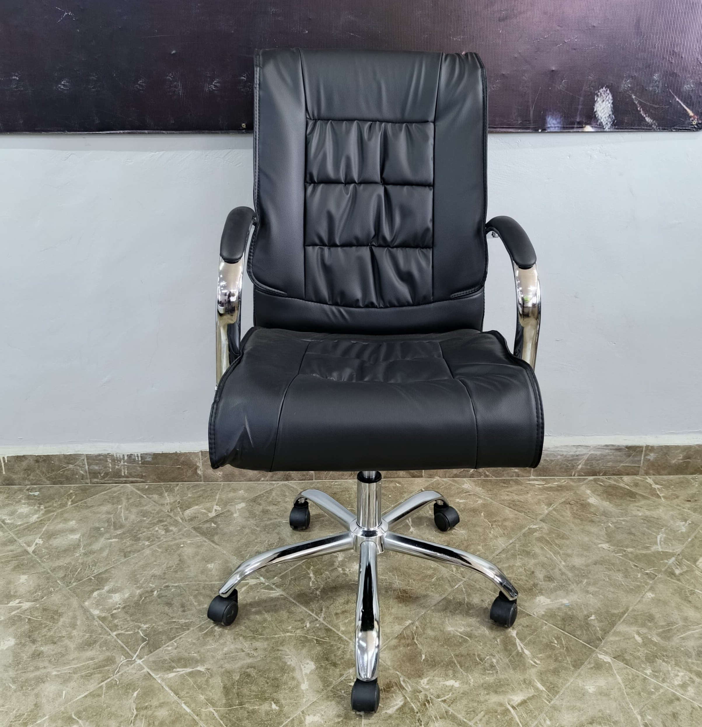 Office Chair; Black Leather Swivel Mid Back Office Chair