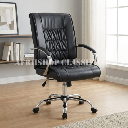 Office Chair; Black Leather Swivel Mid Back Office Chair